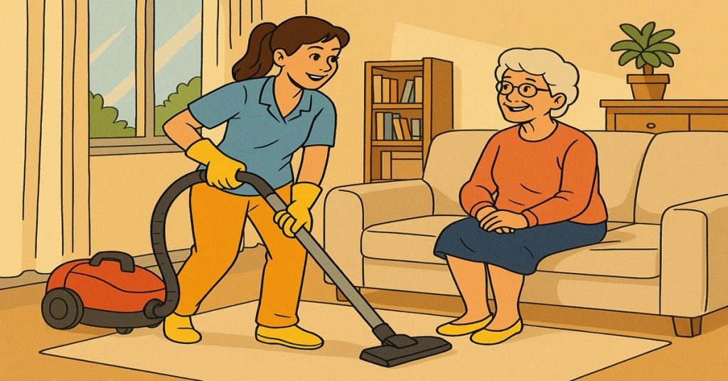 Aide à domicile pour le ménage chez une personne âgée.