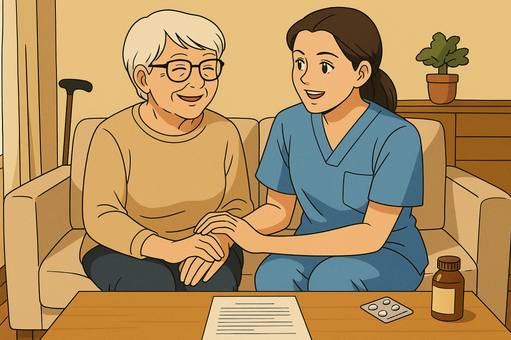 Retour à domicile , une infirmière explique à une patient son intervention