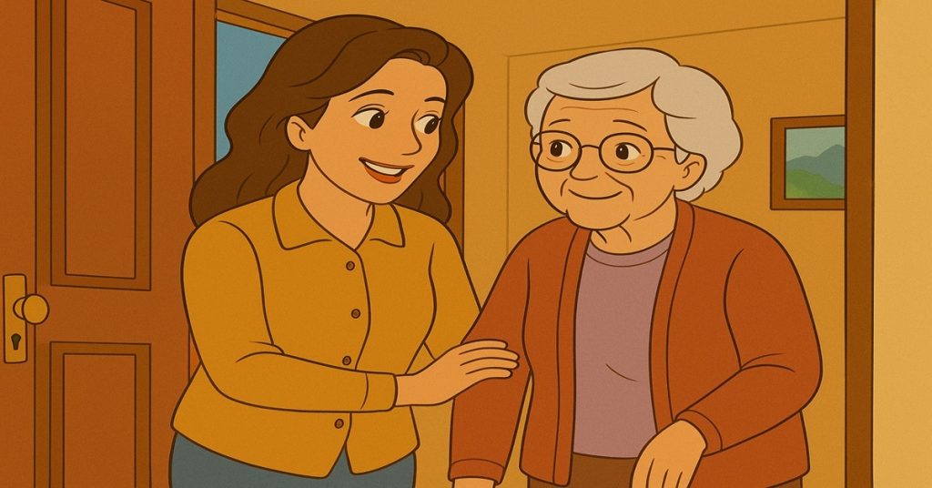 Fille accompagnant sa mère lors du retour à domicile après hospitalisation