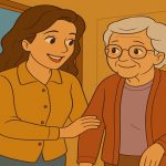 Fille accompagnant sa mère lors du retour à domicile après hospitalisation