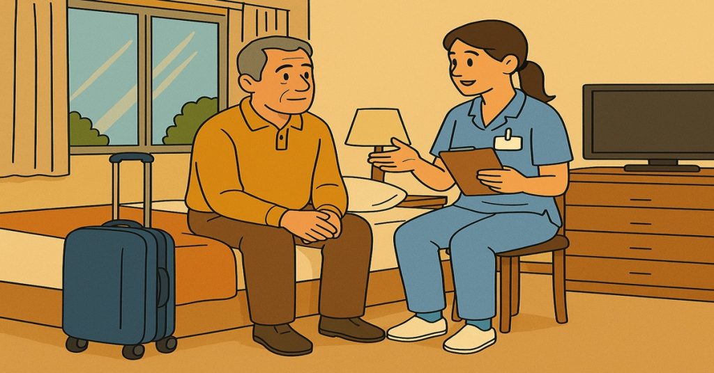 Patient dans un hébergement temporaire avec une infirmière